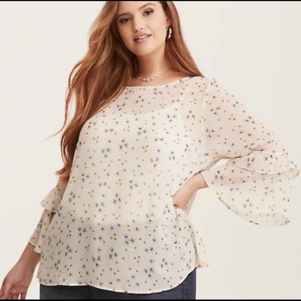 Torrid cream and yellow FLORAL PRINT CHIFFON RUFFLE BELL SLEEVE STRAPPY BLOUSE